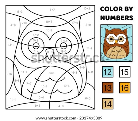 Owl. Solve the problem, color the picture. Addition, Subtraction. Coloring book. Kawaii, cartoon, vector. Isolated vector illustration eps 10