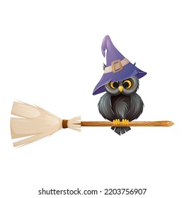 An owl in a sorcery hat on a broomstick. Cartoon vector illustration. Element of Halloween.