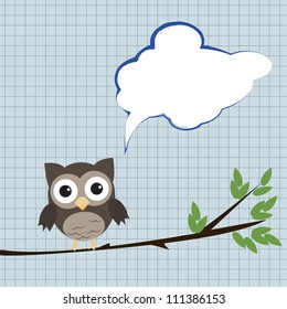Owl with speech bubble/Little brown owl on branch with speech bubble sitting on branch