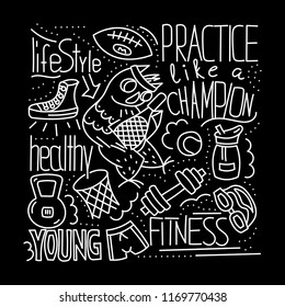 Owl and Sport. Vector illustration of doodle style on black background with lettering