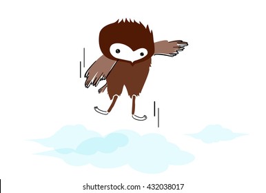 Owl spread its wings fully committed, above the clouds in the sky, Art colouring book, hand drawn, illustration bird, T-shirt Graphics, cute cartoon characters 