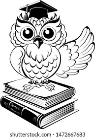 Owl in a square academic cap and books