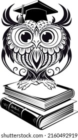 Owl in a square academic cap and books