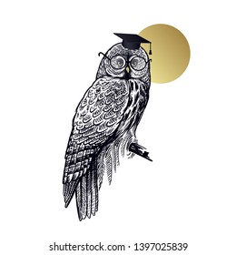 Owl in square academic cap and glasses isolated on background of moon. Symbol of knowledge wisdom and education. The learned bird. Black, white and gold. Vector illustration. Vintage.