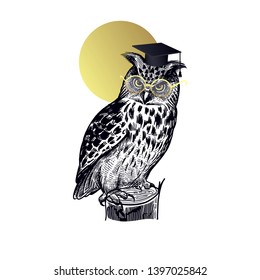 Owl in square academic cap and glasses isolated on background of moon. Symbol of knowledge wisdom and education. The learned bird. Black, white and gold. Vector illustration. Vintage.