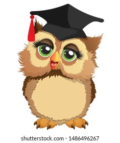 Сute owl in a square academic cap.Cartoon vector illustration.