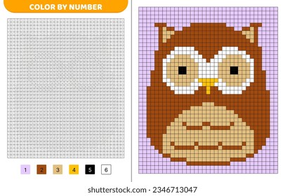 Owl squishmallow. Color by number. Pixel coloring book. Numbered squares. Game for kids. Pixel art. Isolated vector illustration