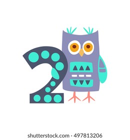 Owl Standing Next To Number Two Stylized Funky Animal