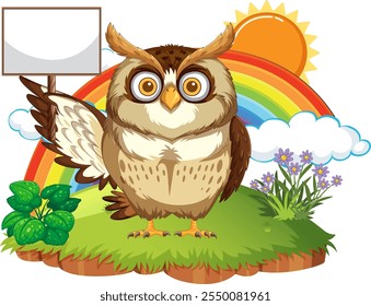 Owl standing on grass with rainbow and sun
