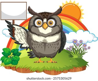 Owl standing on grass with rainbow and sun