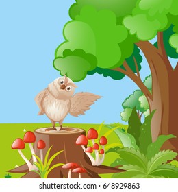 Búho de pie sobre el trozo de árbol en la ilustración del bosque