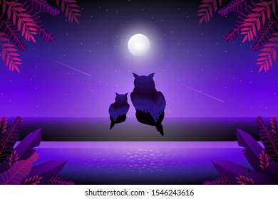 Owl standing on the tree with starry night and purple sky background
