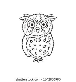 Owl standing and watching wisely hand drawn illustration. Night bird ready for hunt, outline and silhouette drawing decoration. Cute nocturnal animal original art logo.