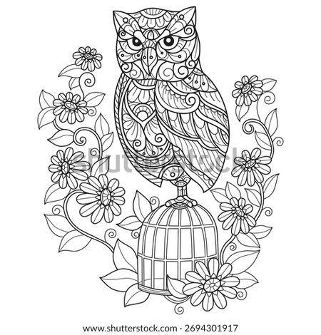 Owl stands on a cage in the garden hand drawn for adult coloring book