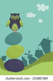 Owl stands on Easter eggs.Vector illustration.