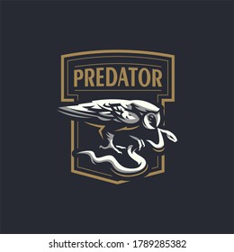 The owl stands on its paws and grabs the snake with its beak. Stylized vector illustration.