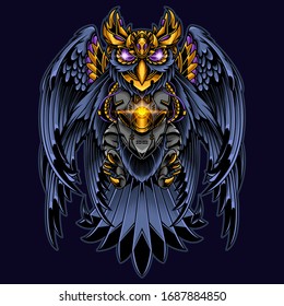 owl steampunk and golden armor illustration for Tshirt design