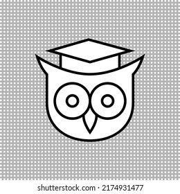 Owl in student academic hat. Education logo and icon. Outline and line style. Simple isolated black and white illustration.