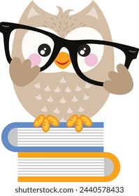 Owl student holding glasses on top of books
