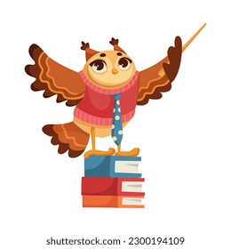 Owl Student on Pile of Books with Pointer Studying at School Vector Illustration