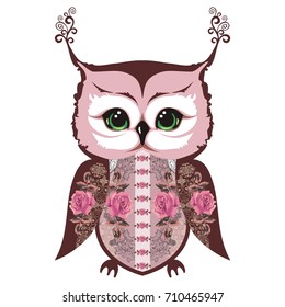 Owl in the style of shabby chic, boho, provence with lace patterns and roses flowers.
Fashion print for children's clothing girls for summer. Vector illustration.