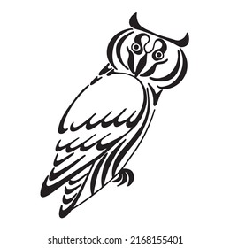 Owl stylized drawing .Black and white vector illustration of owl.  line line art picture. Hand sketch of a bird. Calligraphic illustration. Tattoo design.