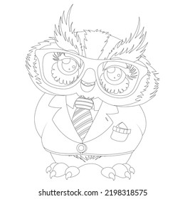 Owl in suit on white background with glasses. Linear engraving design for adult or children's coloring book. Page for coloring vector cartoon illustration. 