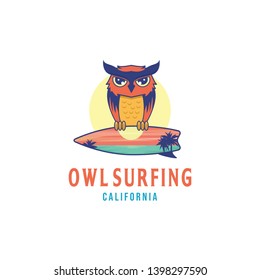 owl surfing logo design inspiration, with a sunset beach in the surf board