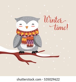 Owl in sweater. Winter illustration