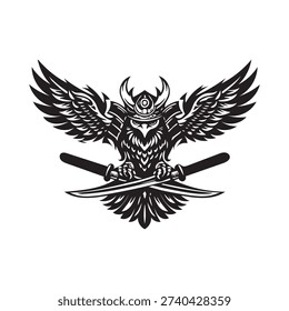 Owl, swords, and wings icon vector illustration featuring a bold, minimalist design of an owl with outstretched wings holding crossed swords in silhouette style. Represents wisdom, strength, protection, strategy, and vigilance. Ideal for logos, gaming graphics, sports emblems, fantasy themes, posters, and digital or print projects. High-quality scalable vector suitable for both print and digital use.