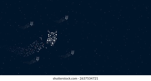 A owl symbol filled with dots flies through the stars leaving a trail behind. Four small symbols around. Empty space for text on the right. Vector illustration on dark blue background with stars