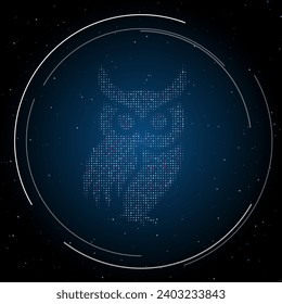 The owl symbol filled with white dots. Pointillism style. Some dots is pink. Vector illustration on blue background with stars