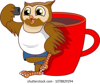owl taking a selfie in front of Coffee mug vector cartoon