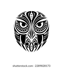 ﻿Monochrome owl tattoo adorned with Polynesian artwork.