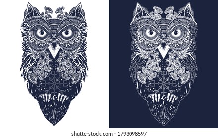 Owl tattoo art celtic style t-shirt design. Owl tattoo symbol of wisdom, meditation, thinking. Black and white vector graphics 