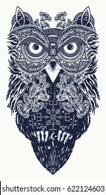 Owl tattoo art celtic style t-shirt design. Owl tattoo symbol of wisdom, meditation, thinking 