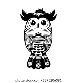 Owl tattoo. Black and white illustration isolated on white background. 