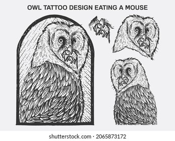 Owl tattoo design eating a mouse