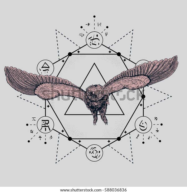 Owl Tattoo Drawing Geometric Forms Symbols Stock Vector Royalty