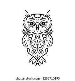 Owl tattoo outline. Boho tribal style. Line ethnic ornaments. Poster, spiritual art, symbol of wisdom. Antistress art. Good for t-shirts design, bags, phone cases, room posters and postcards