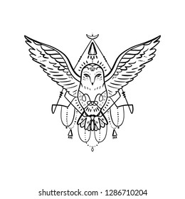 Owl tattoo outline. Boho tribal style. Line ethnic ornaments. Poster, spiritual art, symbol of wisdom. Antistress art. Good for t-shirts design, bags, phone cases, room posters and postcards