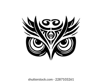 ﻿Monochrome owl tattoo with Polynesian designs on its face.