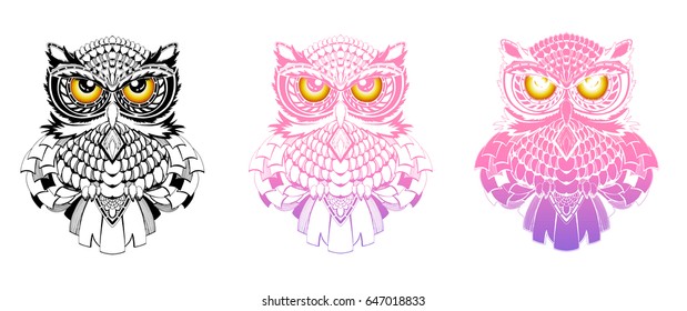 Owl tattoo stipples outline in different colors vector illustration
