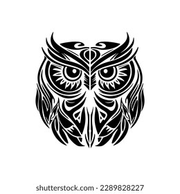 ﻿Monochromatic owl tattoo with traditional Polynesian designs.
