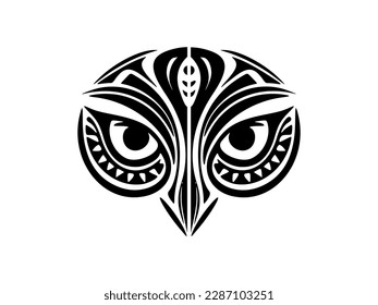 ﻿.Face of an owl tattooed in black and white, with Polynesian patterns.