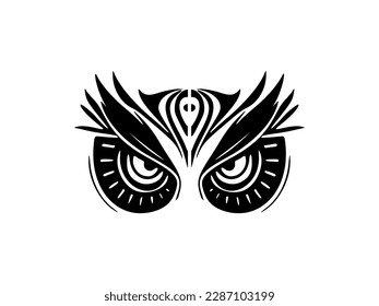 ﻿Face of an owl tattooed with blacks and whites, Polynesian patterns all around.