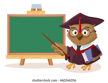 Owl teacher with book and pointer stands near blackboard. Vector cartoon illustration