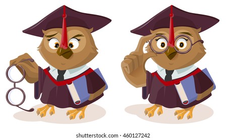 Owl teacher with book and poor eyesight. Isolated on white vector cartoon illustration