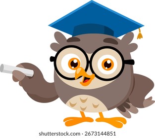 Búho Profesor Personaje De Dibujos Animados Que Explica La Lección Que Sostiene La Tiza - Diseño Plano De Ilustración vectorial Aislado Sobre Fondo Transparente