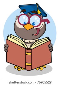 Owl Teacher Cartoon Character With Graduate Cap Reading A Book